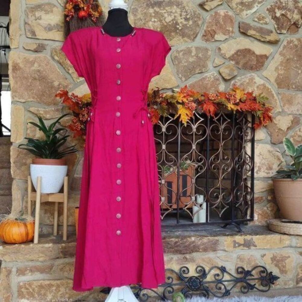 Vintage 1990s Scarlett Button Up Fusia Maxi with Silver Detail - See Measurement